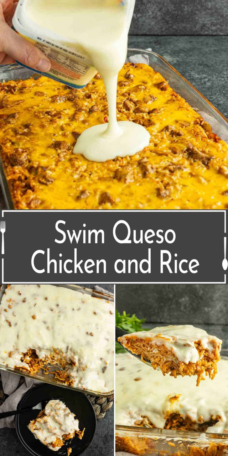 A casserole dish of cheesy chicken and rice topped with white queso, shown being poured, baked, and served in individual portions.