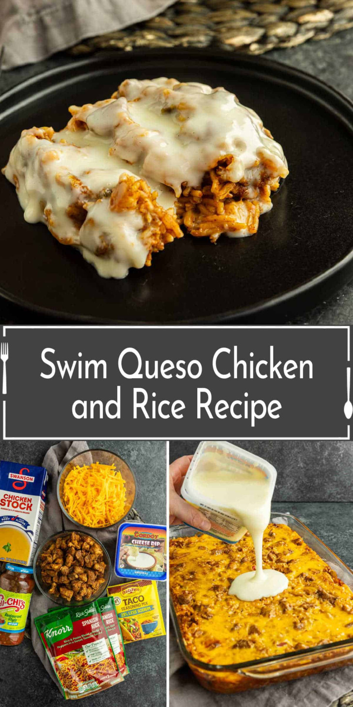 A plate of chicken and rice covered in queso sauce, ingredients laid out, and queso sauce being poured over a baked chicken and rice dish.