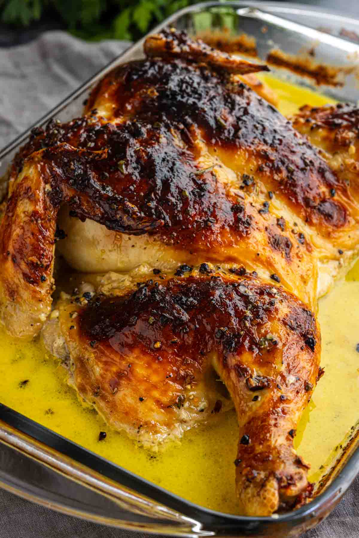 Roast chicken with golden brown, crispy skin sits in a glass baking dish with yellow, seasoned juices pooled around it—a French-inspired chicken reminiscent of Chicken Au Poivre, featuring a hint of peppercorn sauce mingling with the savory drippings.