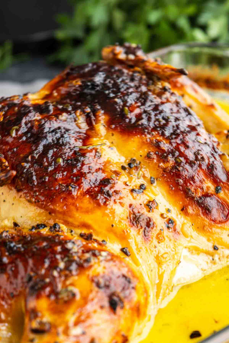 Close-up of a roasted chicken with golden-brown, crispy skin and visible seasoning, resting in a pool of juices. Green herbs are blurred in the background.