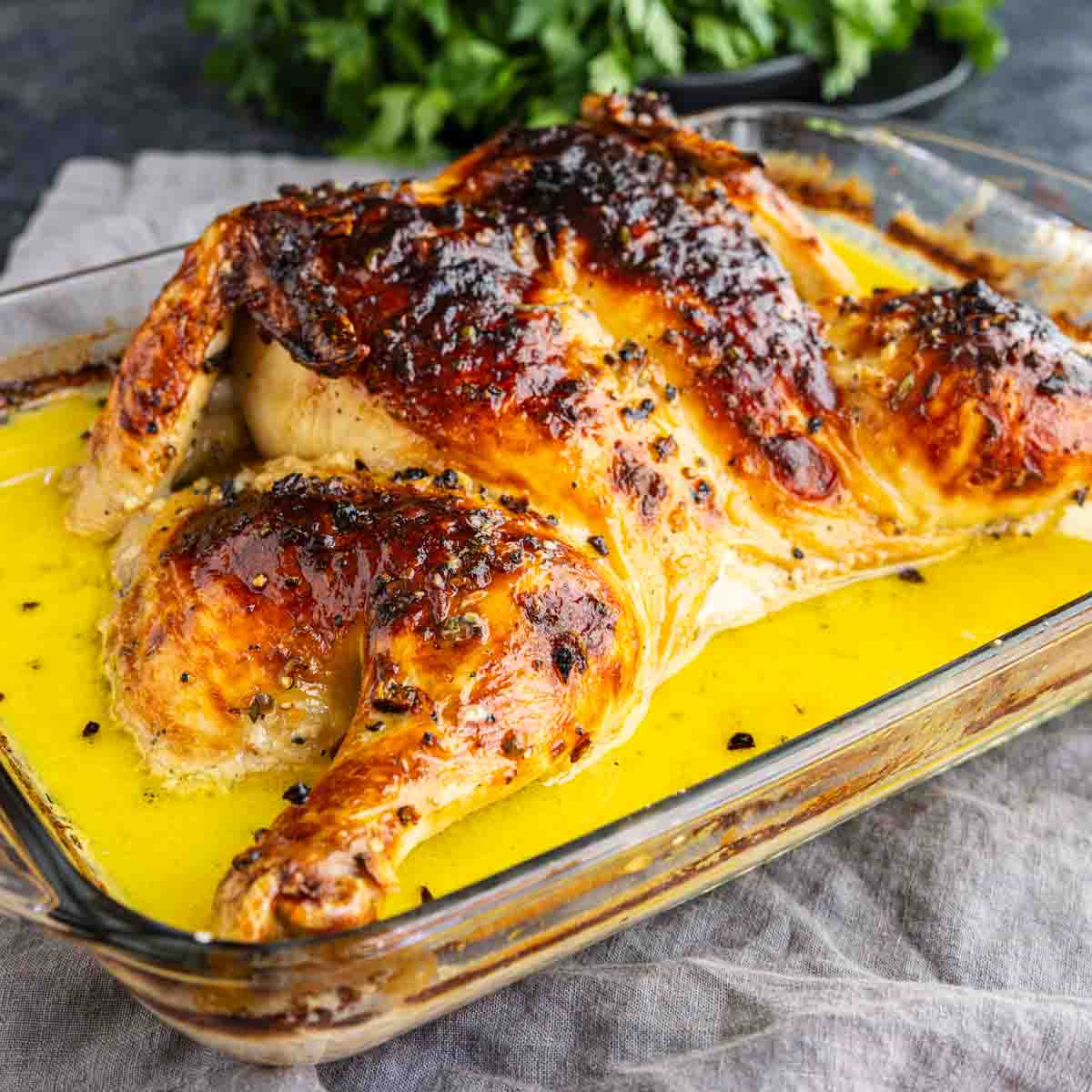 Roast spatchcock chicken with browned, crispy skin sits in a glass baking dish with yellow peppercorn sauce and herbs—a French-inspired chicken Au Poivre perfect for an elegant dinner.