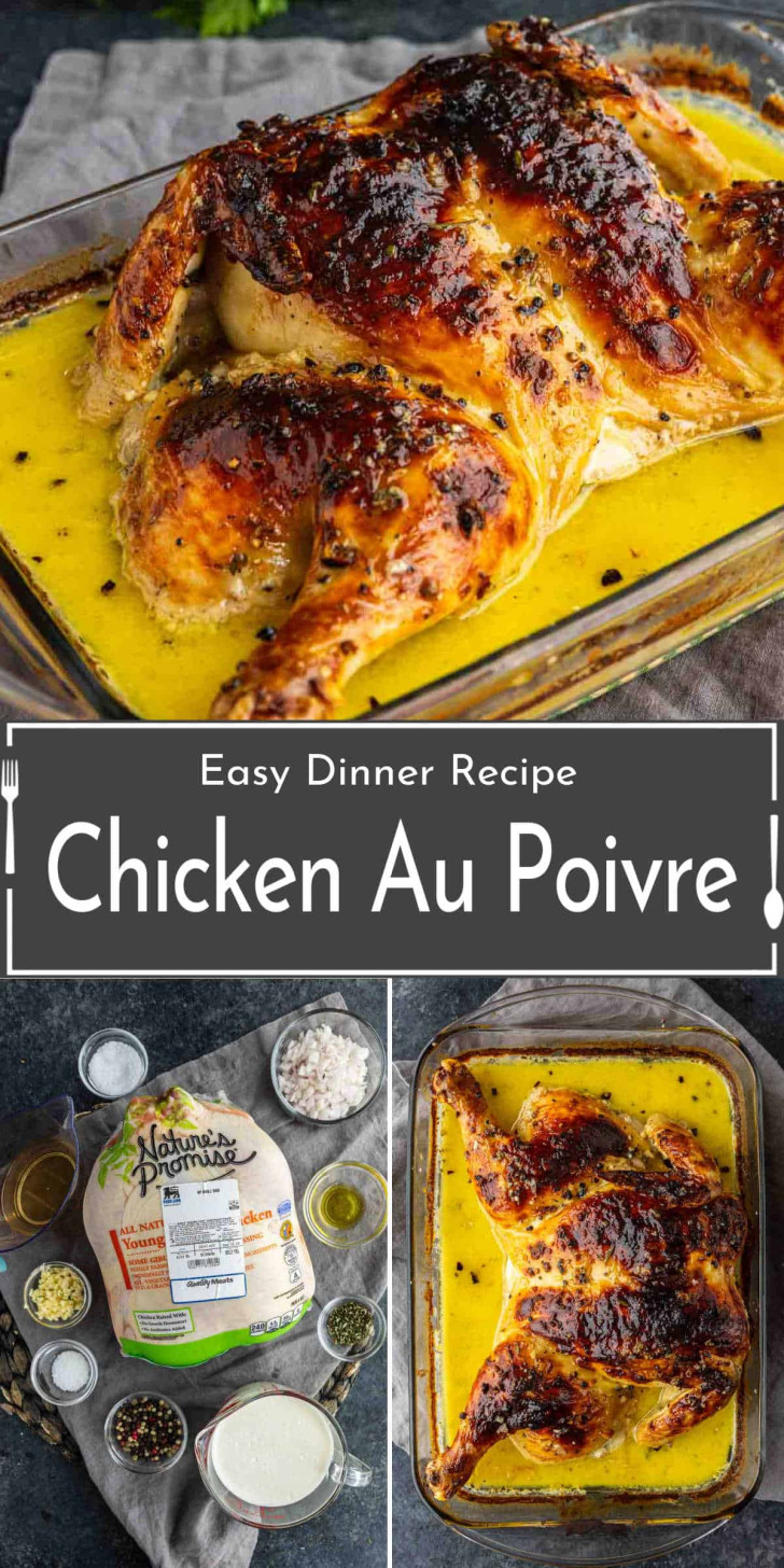 Roasted spatchcock chicken in a yellow peppercorn sauce, shown in a glass baking dish, with recipe ingredients displayed separately around a raw chicken.