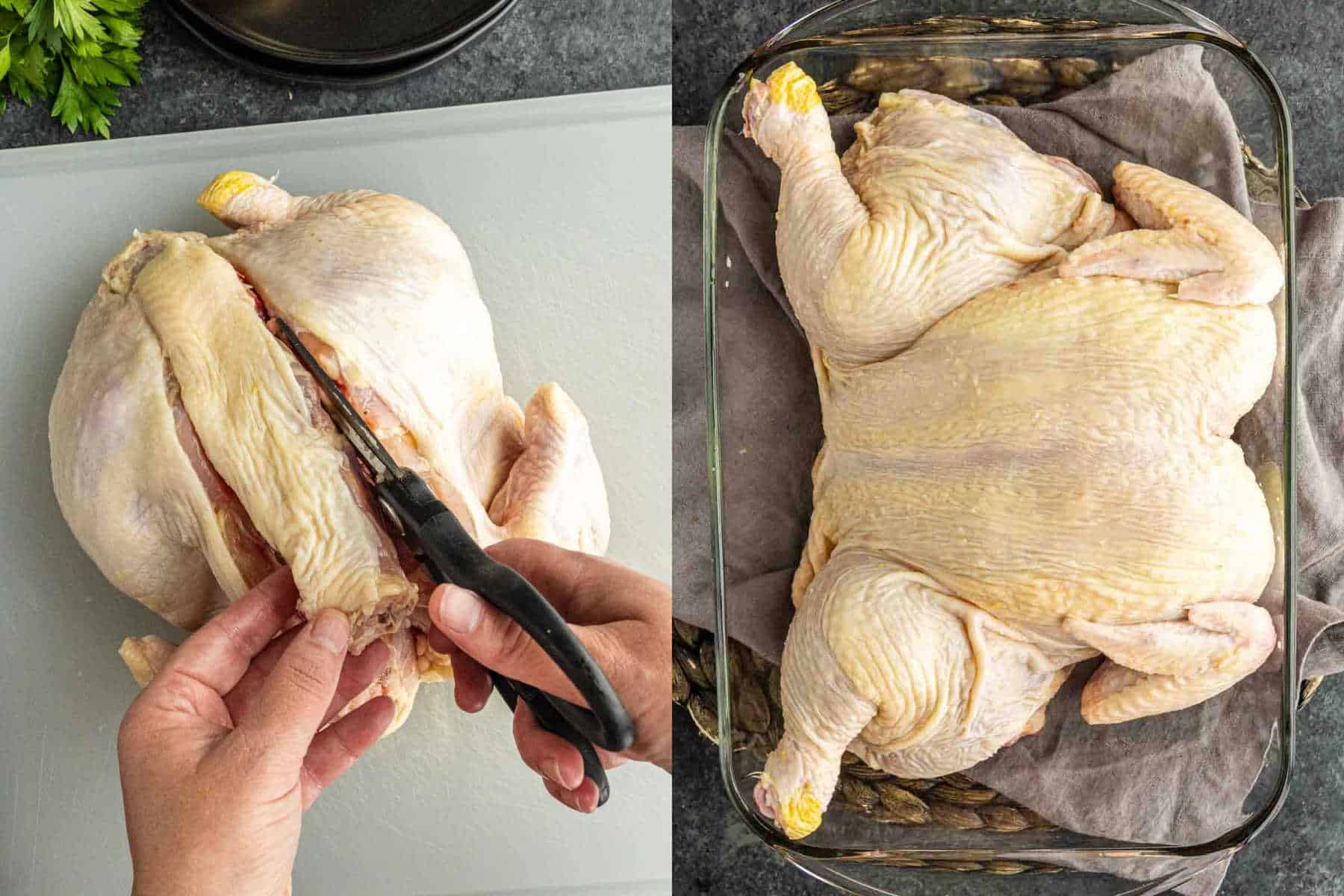 A person cuts the backbone from a raw chicken with kitchen shears on the left; the flattened chicken, perfect for a French-inspired Chicken Au Poivre, is in a glass baking dish on the right.