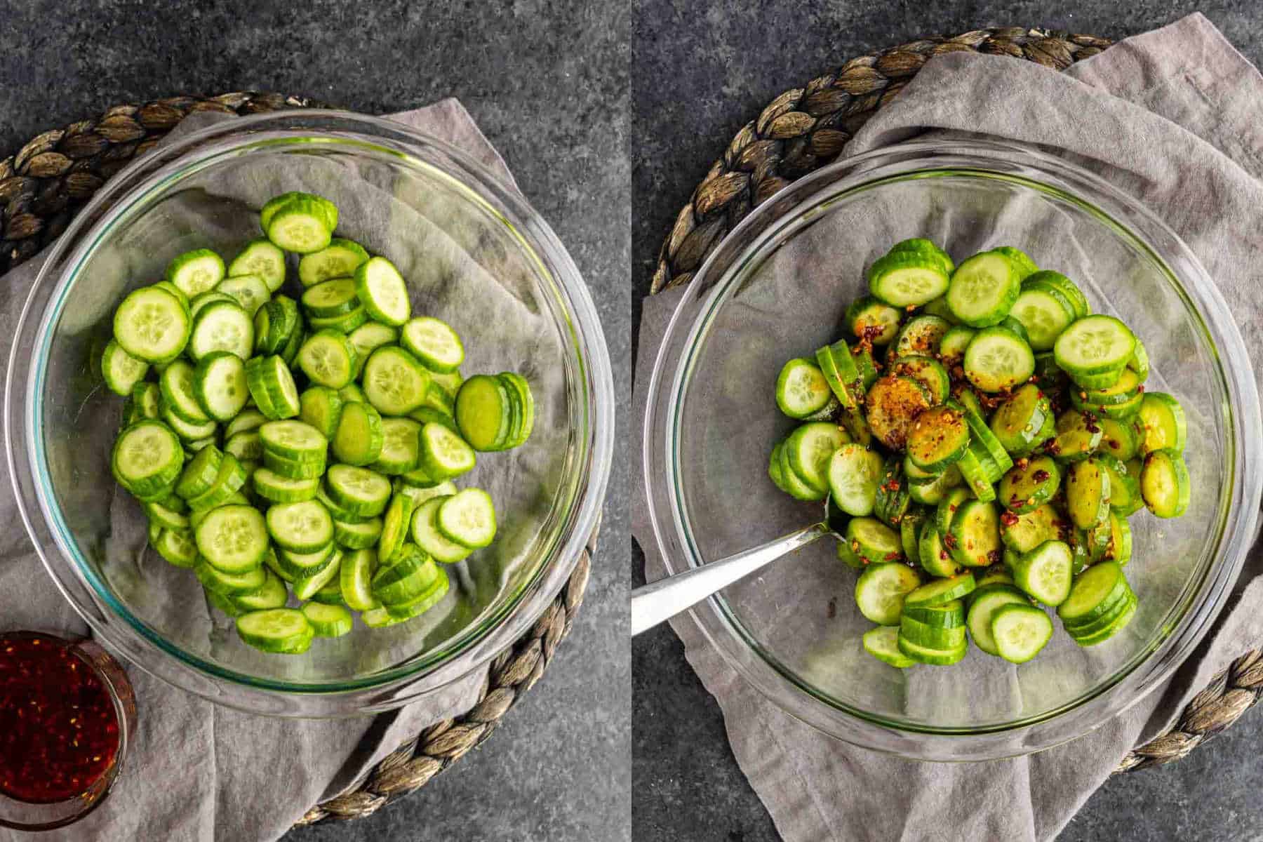 A glass bowl of sliced cucumbers before and after being tossed with a spicy chili crunch dressing.