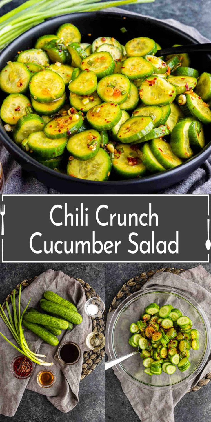 Sliced cucumber salad with chili flakes in a black bowl, with ingredients and preparation steps shown below. Text reads “Chili Crunch Cucumber Salad.”.