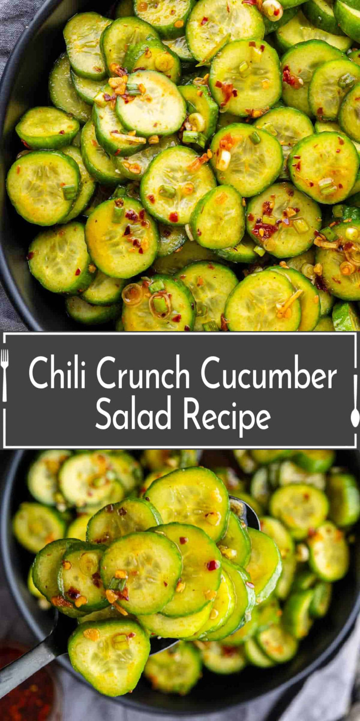 Sliced cucumbers tossed with chili flakes and seasonings in a bowl; text in the center reads “Chili Crunch Cucumber Salad Recipe.”.