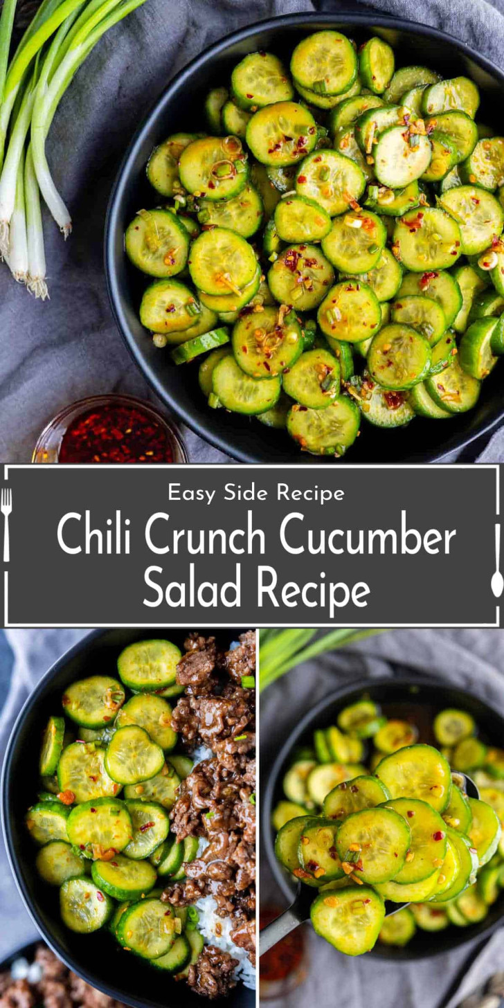 Overhead view of a bowl of sliced cucumbers with chili flakes, with text overlay reading “Chili Crunch Cucumber Salad Recipe” and additional views of the salad below.