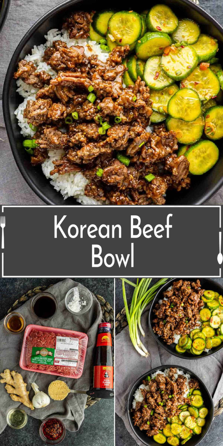 Bowl with Korean beef, white rice, and sliced cucumber; ingredients and cooked beef with cucumbers pictured below; text reads “Korean Beef Bowl.”.