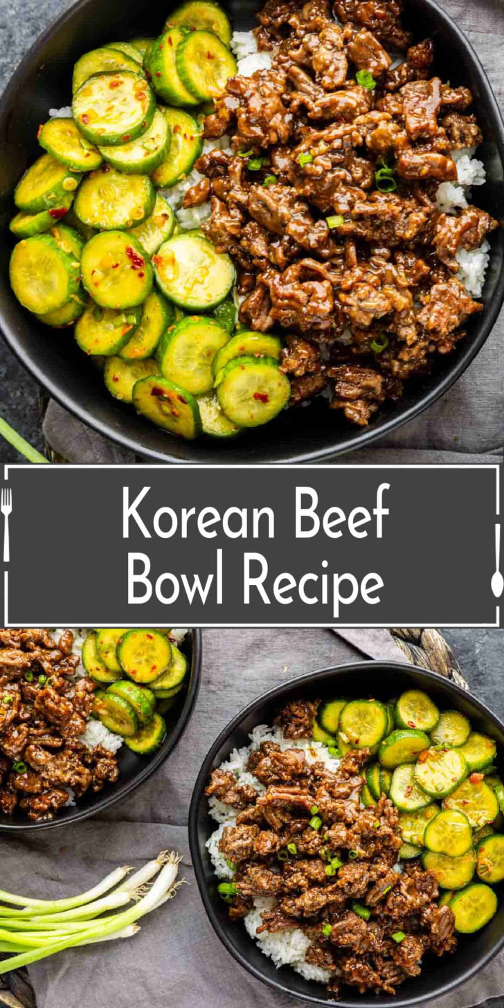 Close-up of Korean beef served over white rice with sliced cucumbers in a black bowl, arranged on a gray surface with scallions nearby. Text overlay reads “Korean Beef Bowl Recipe.”.