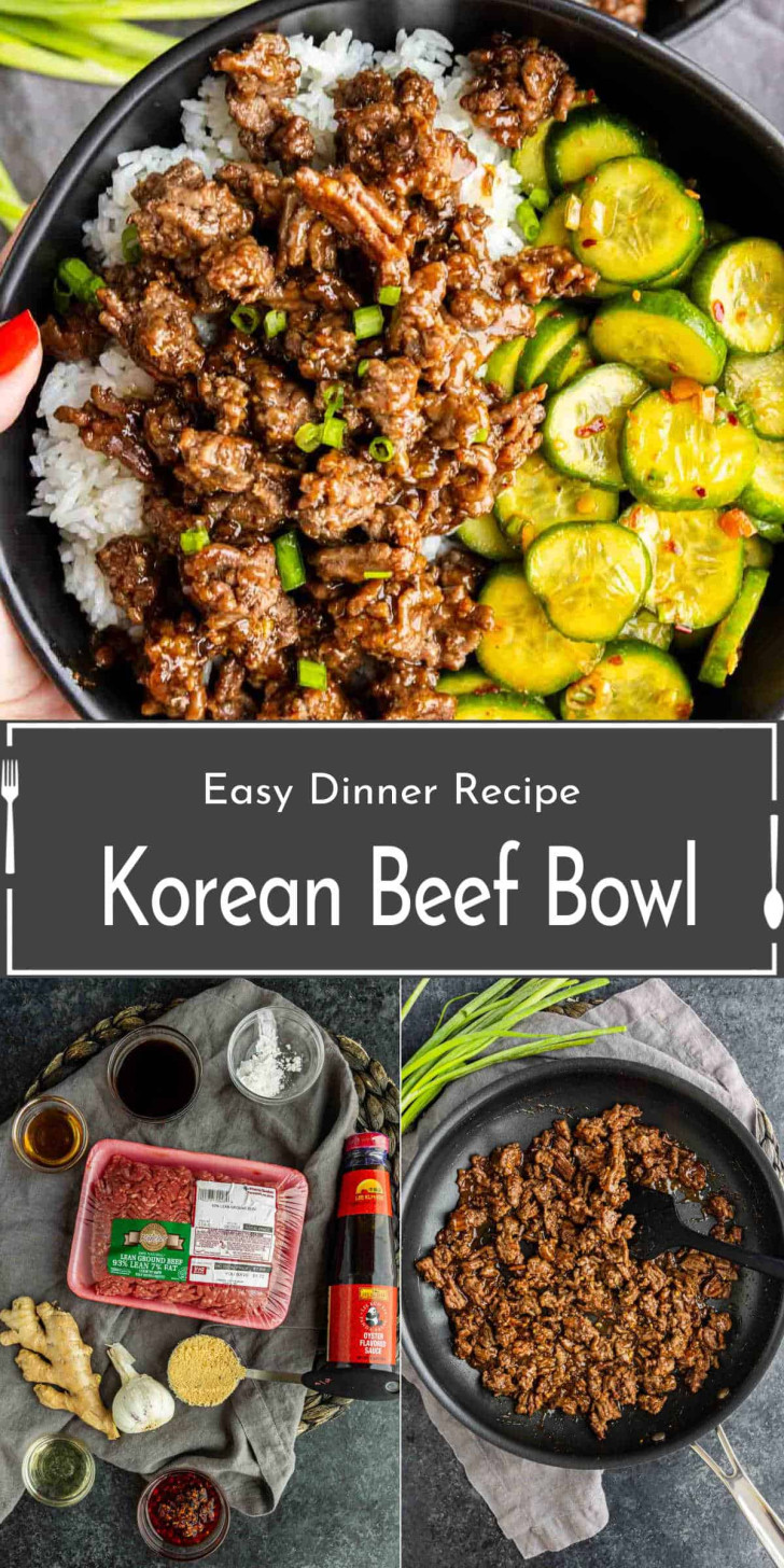 Korean beef bowl with rice and sliced cucumbers, shown plated, with labeled ingredients and cooked beef in a pan, under the title “Easy Dinner Recipe Korean Beef Bowl.”.