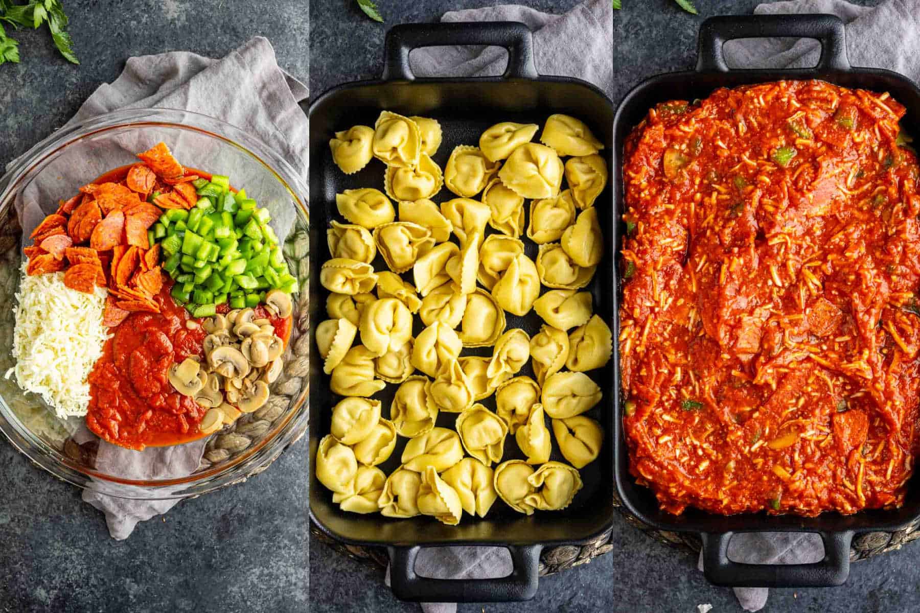 Three images show: a bowl with pasta, vegetables, sauce, and cheese; a pan with arranged tortellini; the pan covered with sauce and toppings, ready to bake—a delicious pizza tortellini casserole coming together step by step.