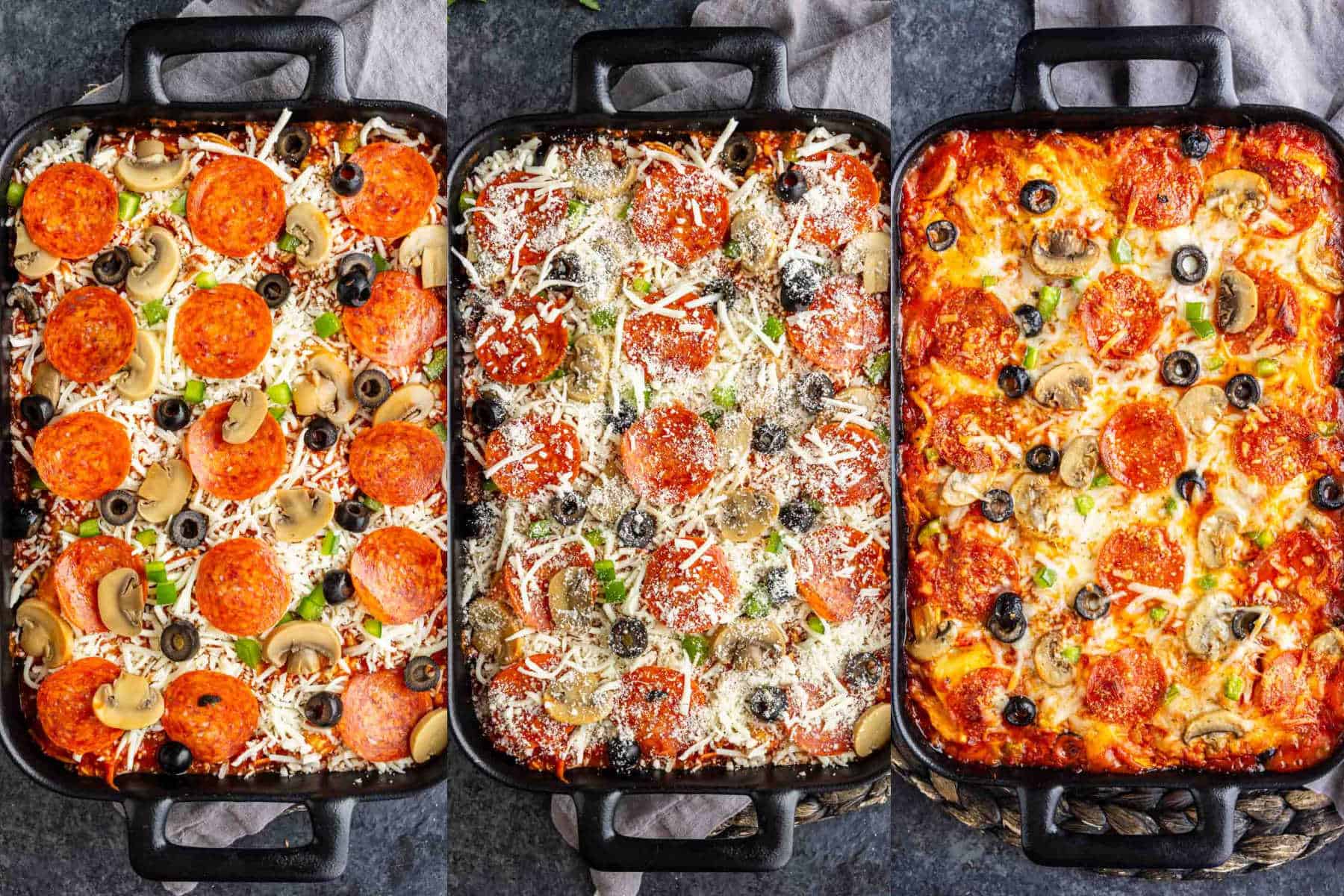 Three side-by-side casserole dishes show a pizza tortellini casserole at different stages: before baking, halfway baked, and fully baked with melted, golden cheese and toppings like pepperoni, mushrooms, and olives. This easy weeknight dinner captures the flavors of a classic pizza in every comforting bite.