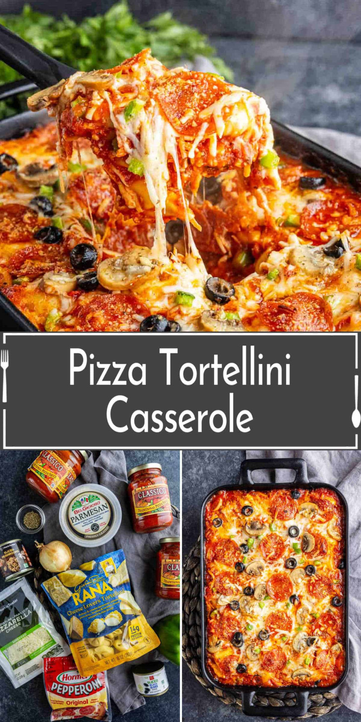Baked pizza tortellini casserole topped with melted cheese, pepperoni, olives, and vegetables, shown served in a dish with ingredients displayed nearby.