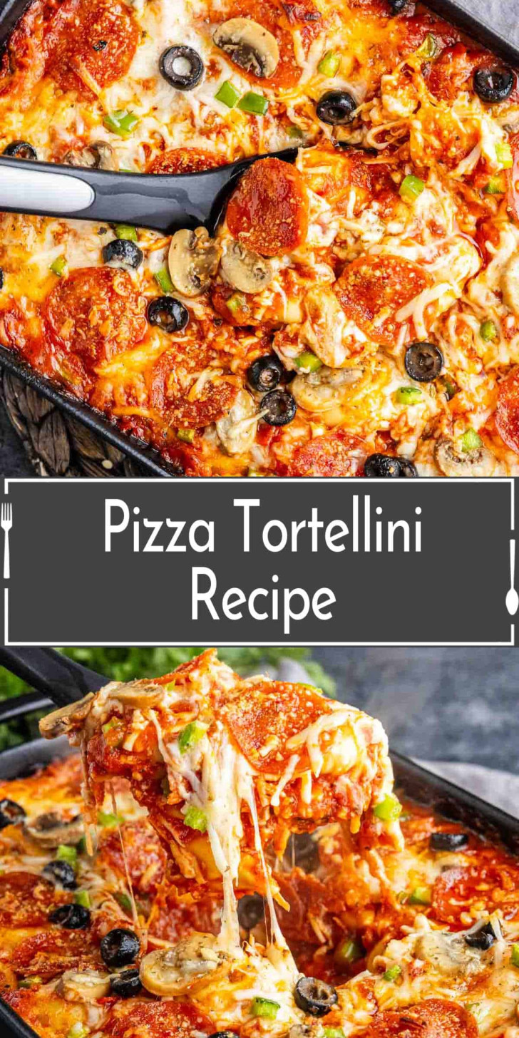 Baked pizza tortellini casserole topped with melted cheese, pepperoni, olives, mushrooms, and green peppers, served in a black dish with a serving spoon.