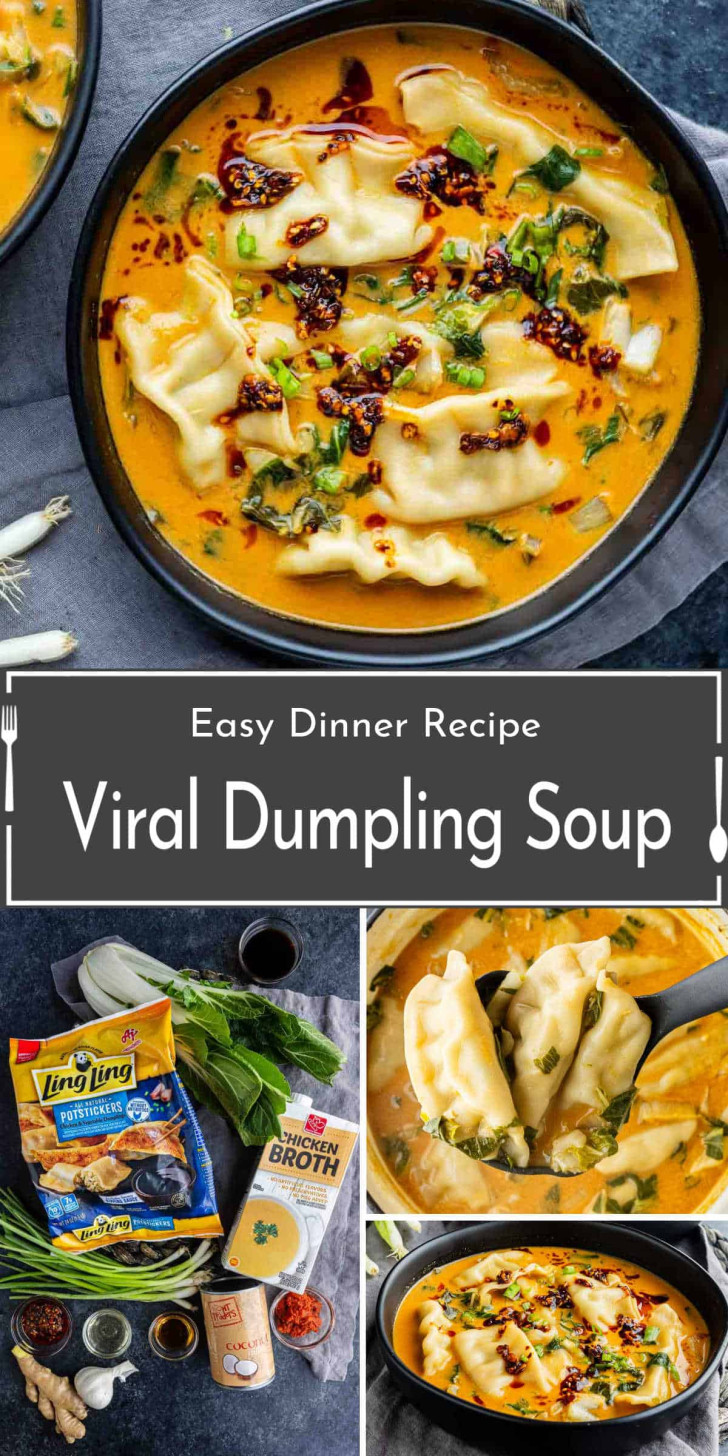 Bowl of dumpling soup with chili oil, garnished with cilantro and scallions; ingredients and recipe name pictured below.