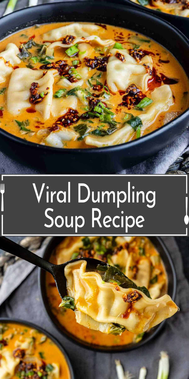 Close-up of a bowl of dumpling soup with greens and chili oil, with a spoon lifting a dumpling. Text overlay reads “Viral Dumpling Soup Recipe.”.