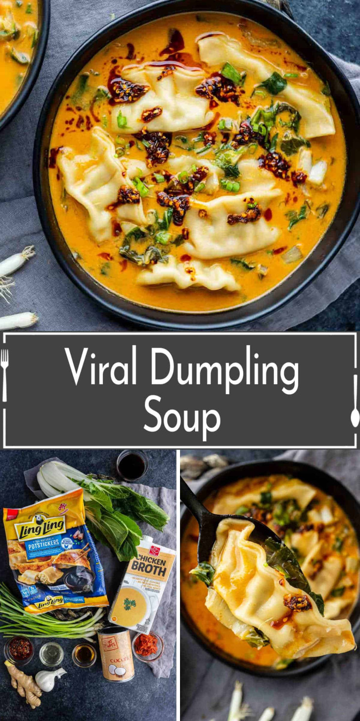 A bowl of dumpling soup with chili oil, herbs, and broth, surrounded by soup ingredients and a close-up of dumplings on a spoon. Text reads “Viral Dumpling Soup.”.