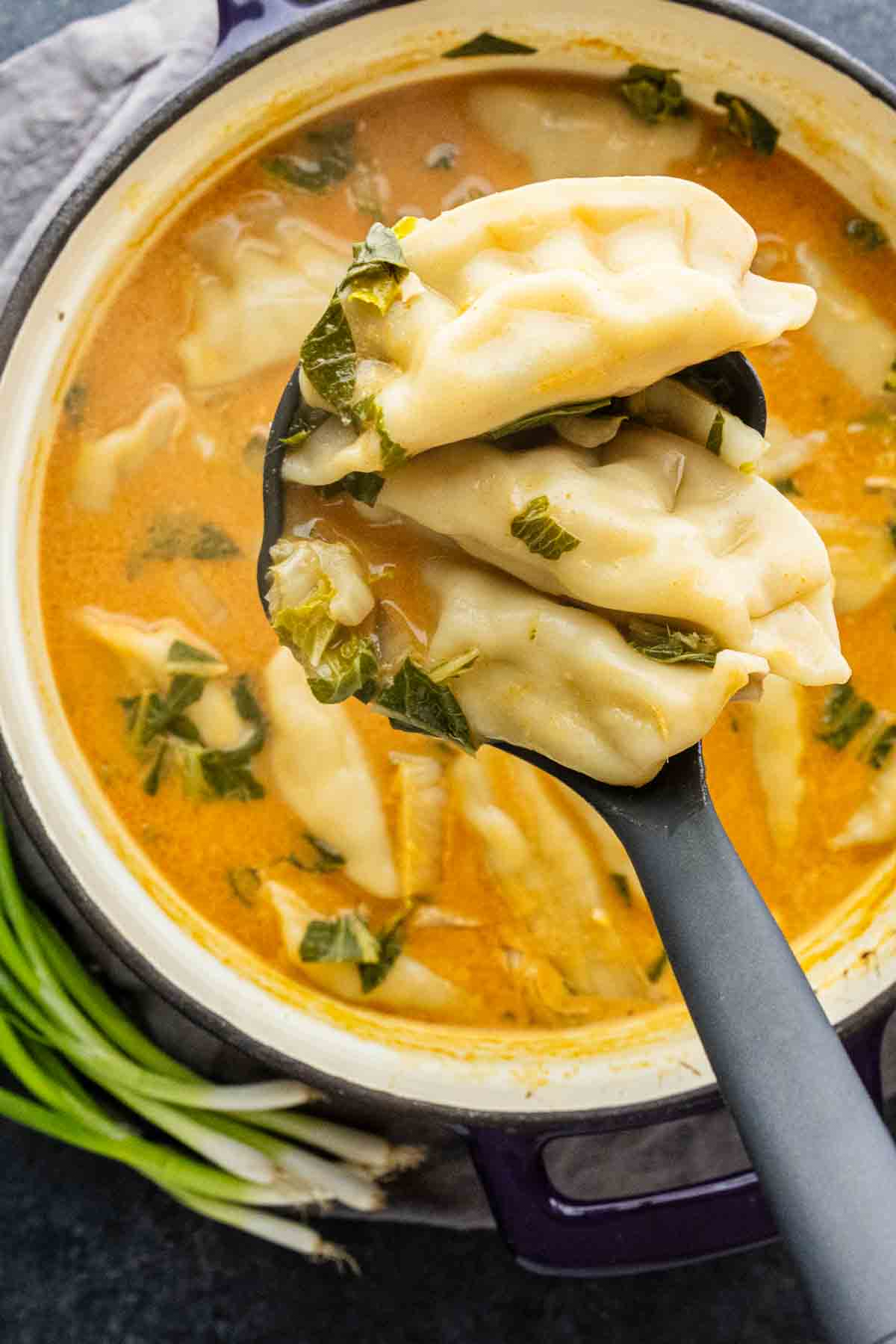 A ladle holding dumplings above a pot of soup with broth, greens, and more dumplings visible. Inspired by the viral dumpling soup trend on TikTok, this dish features vibrant flavors and fresh ingredients. Green onions are next to the pot.