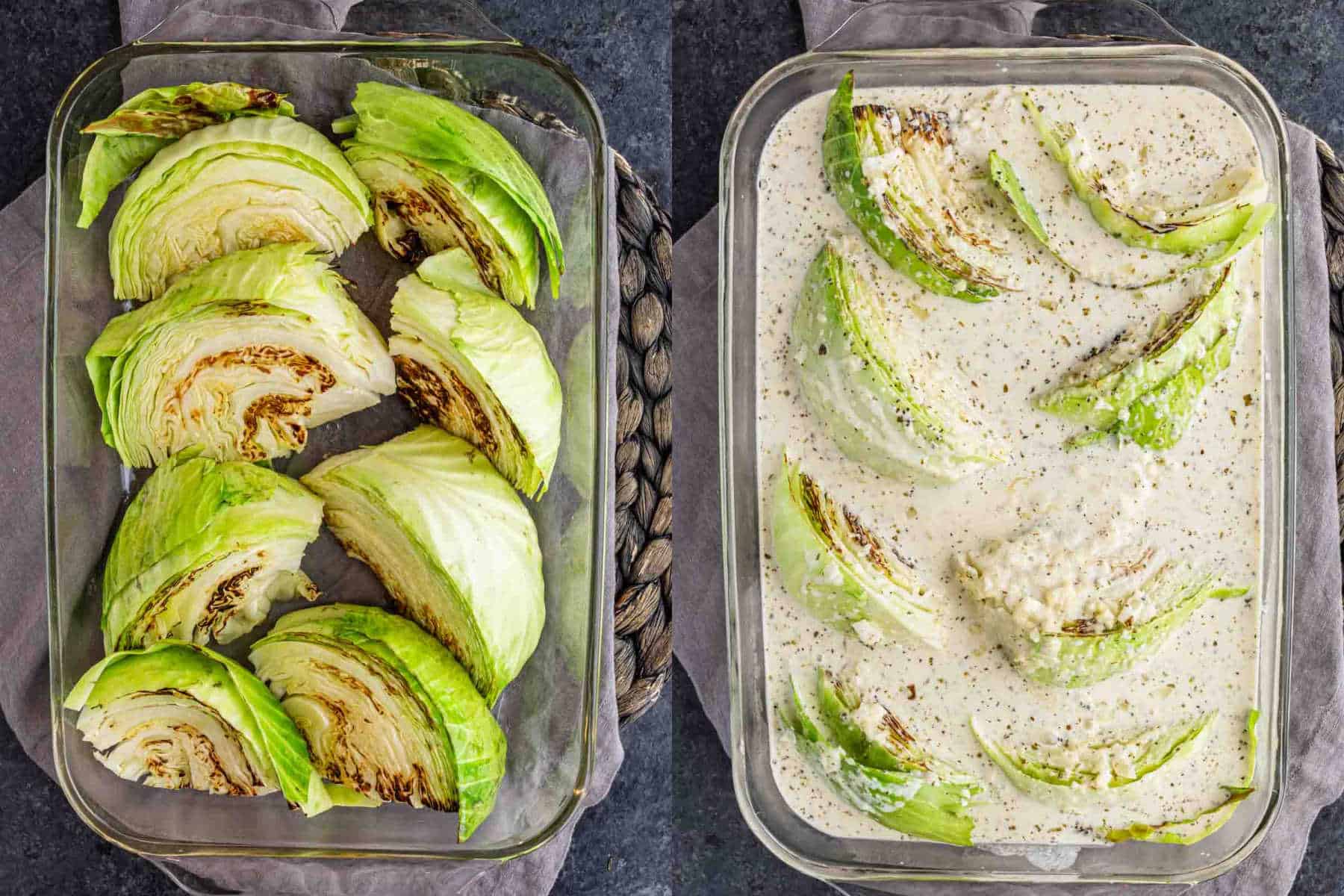 Two glass baking dishes side-by-side, one filled with charred cabbage wedges and the other with Garlic Butter Melting Cabbage coated in a creamy sauce.