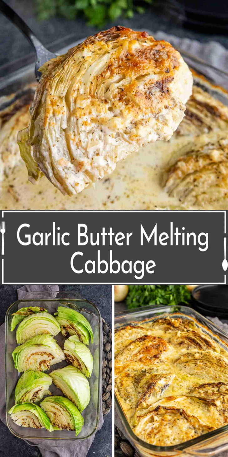 Collage of garlic butter melting cabbage, showing raw wedges in a glass dish, the baked dish with creamy sauce, and a server lifting a cooked cabbage wedge.