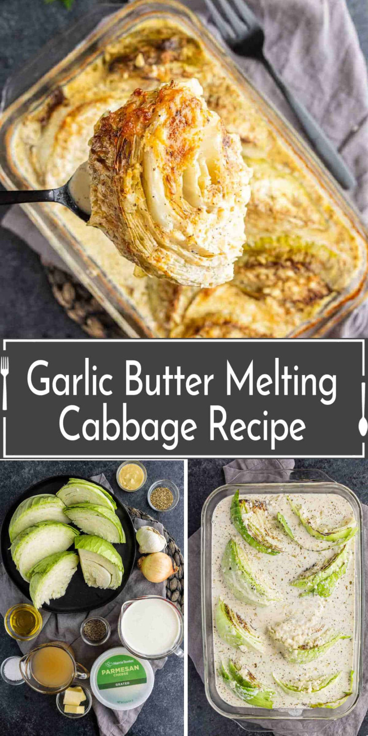 A collage showing the process of making garlic butter cabbage, including sliced cabbage wedges, ingredients, and the finished dish served from a glass baking dish.