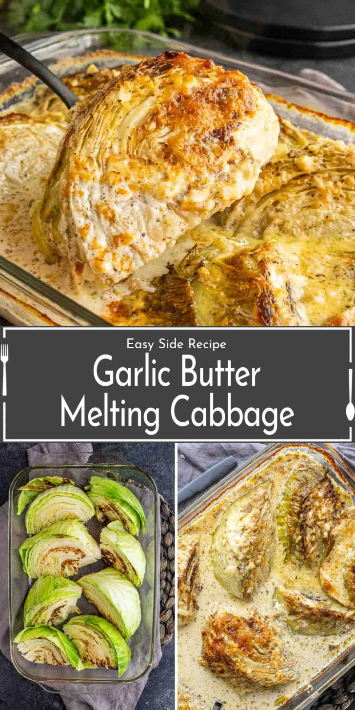 Cabbage wedges being served from a baking dish, with text overlay reading “Easy Side Recipe Garlic Butter Melting Cabbage.”