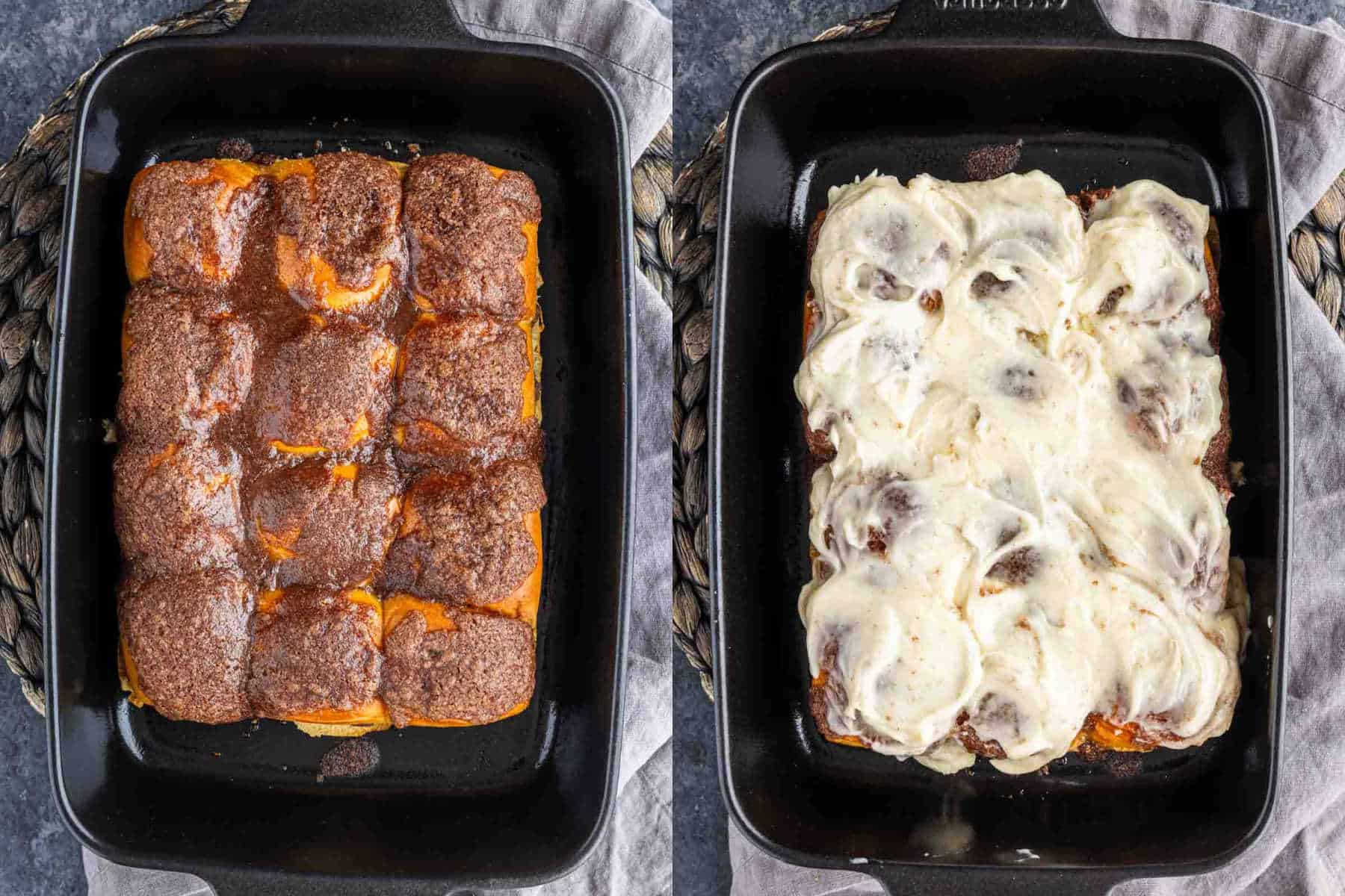 A side-by-side comparison of Hawaiian sweet roll cinnamon rolls, showing the rolls topped with cinnamon sugar before frosting and then covered in white icing.