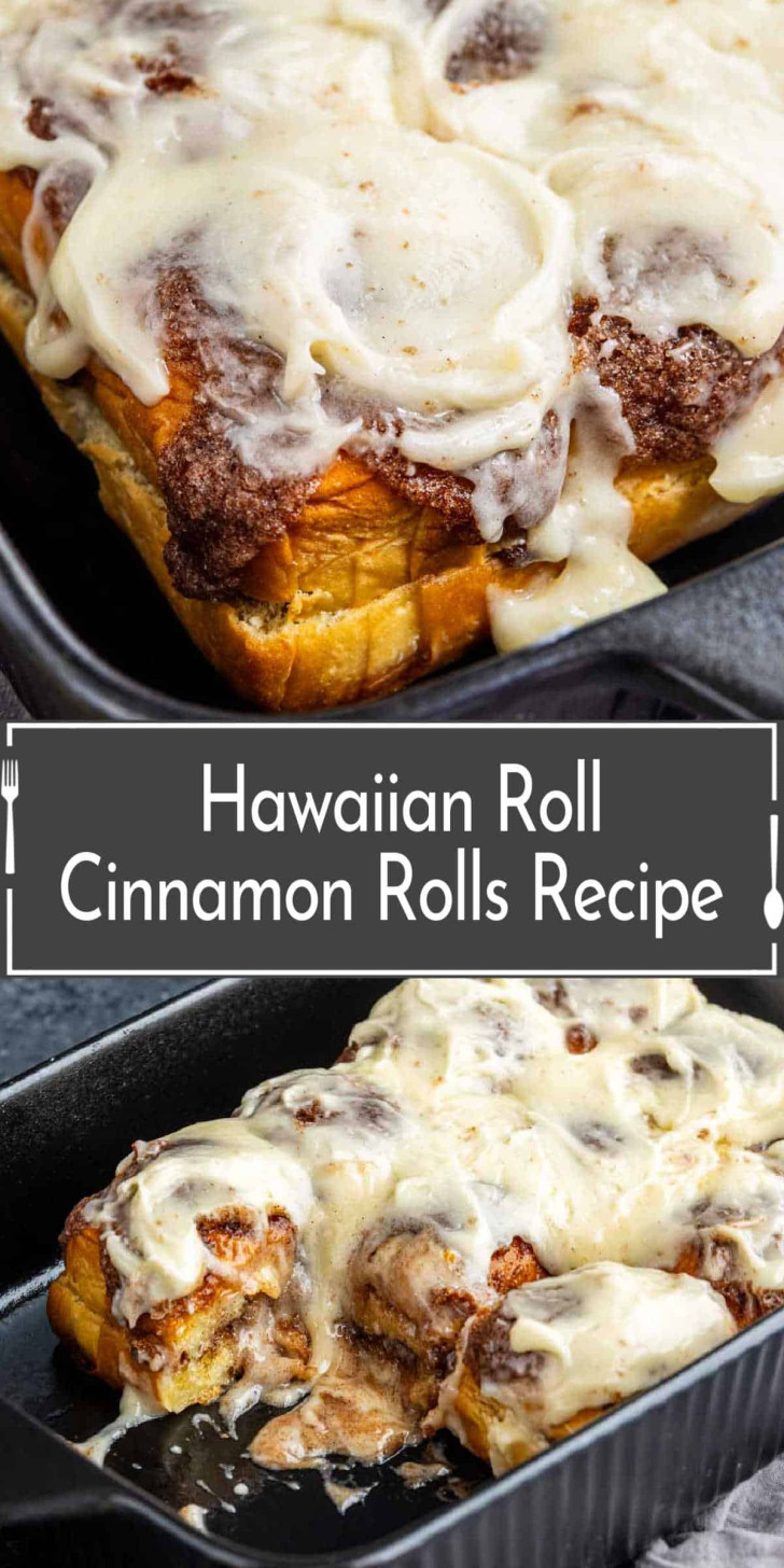 Cinnamon rolls made with Hawaiian rolls covered in white icing in a black baking pan, with text reading “Hawaiian Roll Cinnamon Rolls Recipe.”
