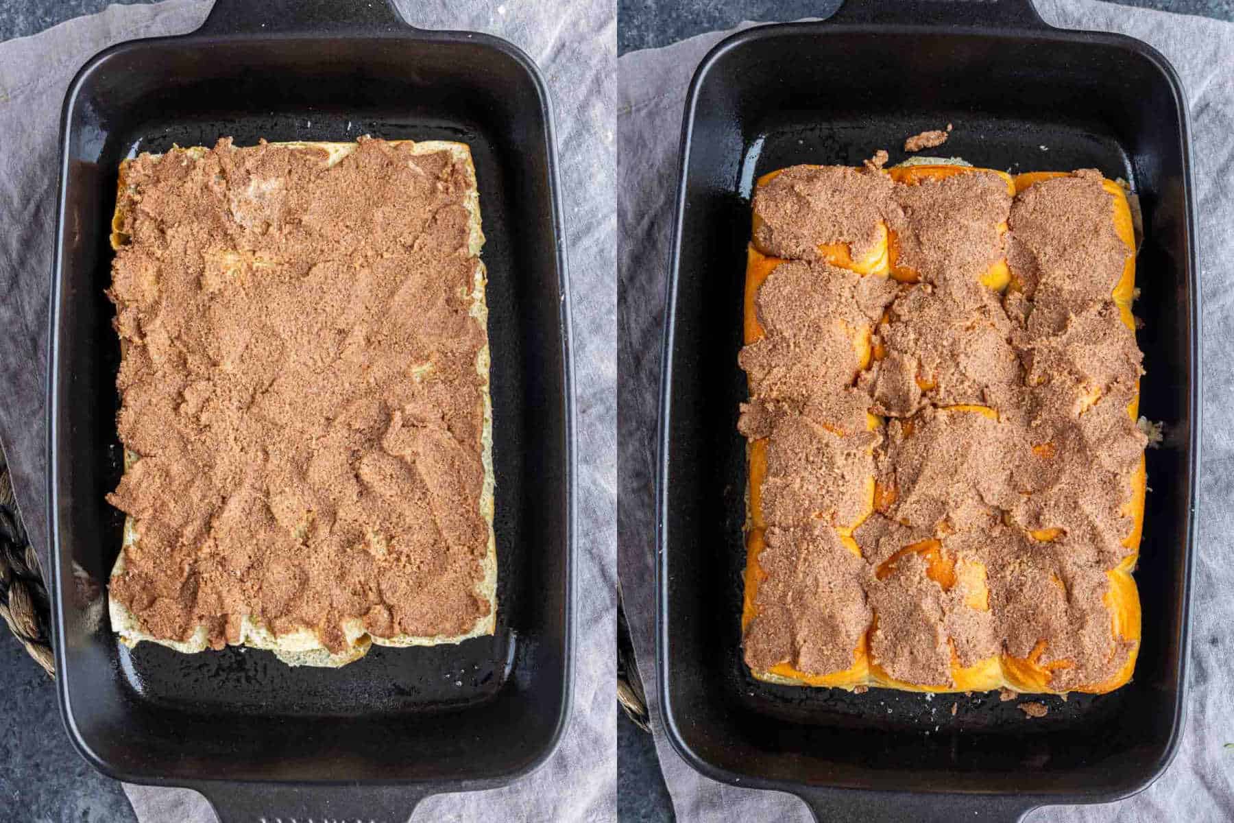 Two rectangular baking dishes containing King’s Hawaiian cinnamon rolls topped with cinnamon sugar, shown before and after being separated into individual portions.