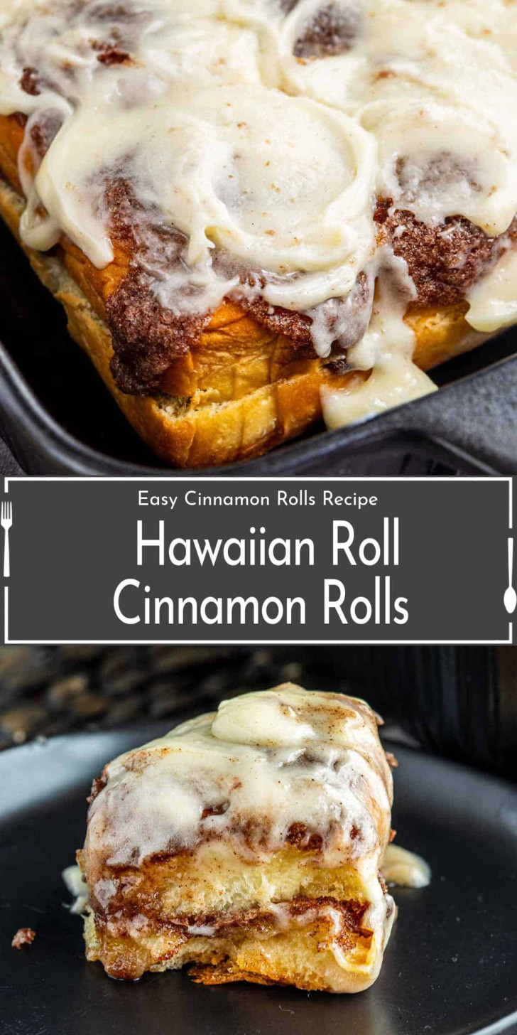 Cinnamon rolls made with Hawaiian rolls, topped with icing, shown in a baking pan and on a plate.