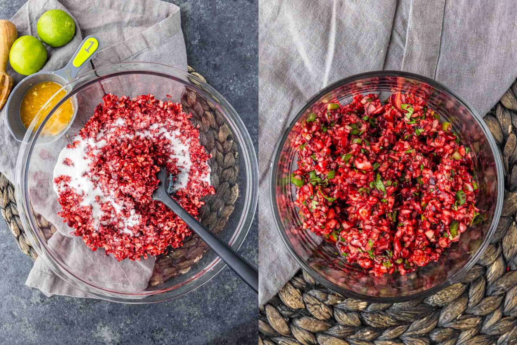 Two bowls showing the preparation of cranberry jalapeño dip, first with sugar being mixed in and then with the finished mixture including herbs.