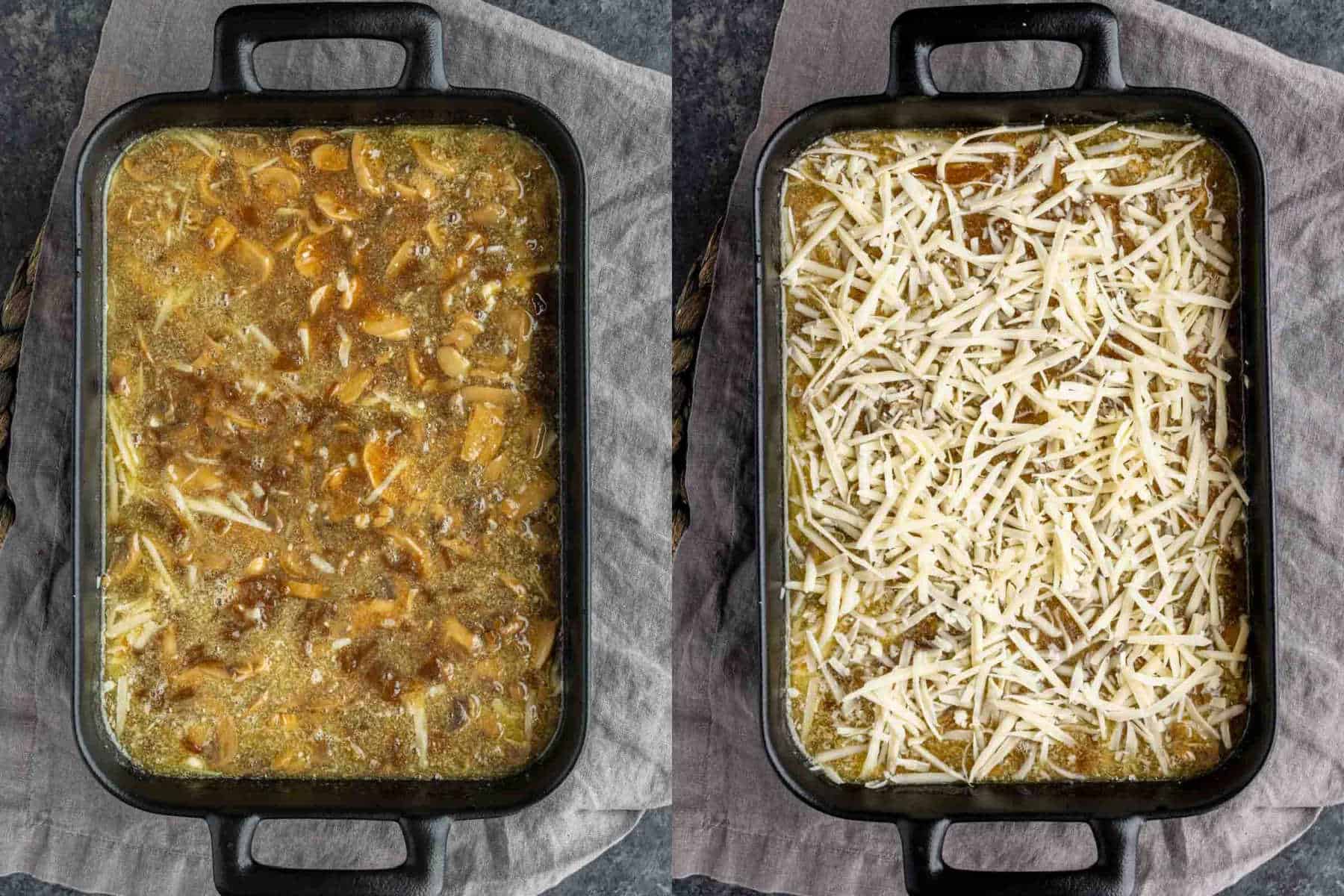 Two rectangular baking dishes containing a mushroom and rice casserole: one before being topped with shredded cheese and one after.