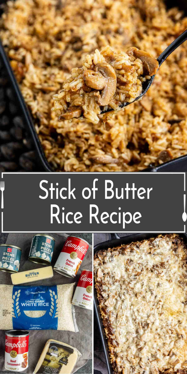 A cooking collage featuring a scoop of mushroom rice, a collection of ingredients including rice, soup cans, butter, and cheese, and a finished casserole dish.