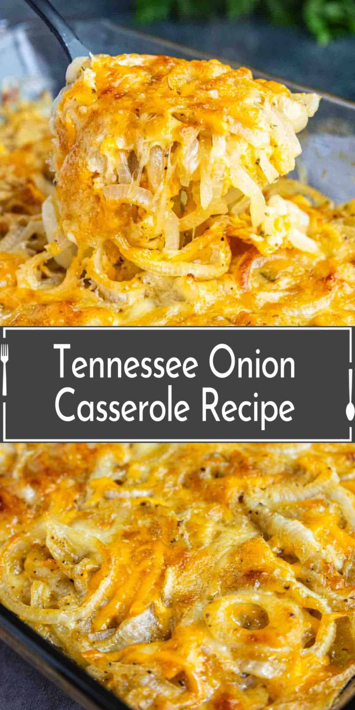 A server lifts a portion of baked Tennessee onion casserole covered in melted cheese, with the recipe title overlaid in the center.