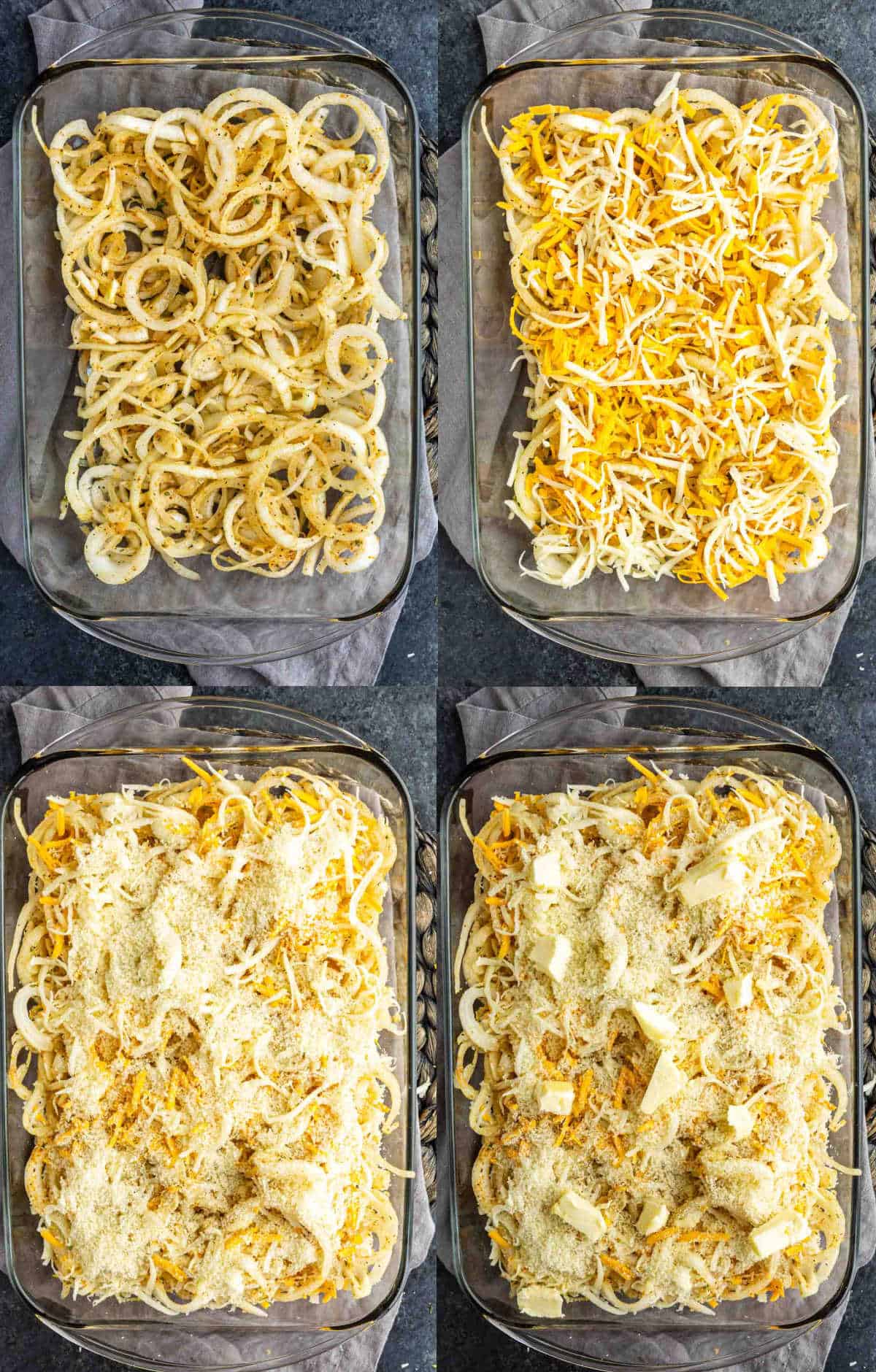 Four-panel image showing the preparation of a cheesy onion casserole: onions, shredded cheese, breadcrumbs, and pats of butter being added to a baking dish.
