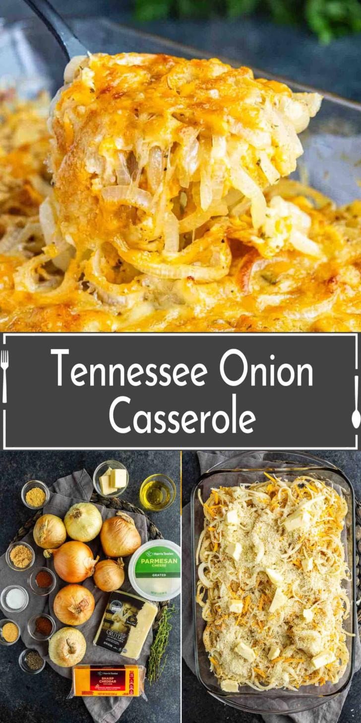 A serving of cheesy Tennessee onion casserole being lifted from a baking dish, with images of the ingredients and the assembled, unbaked casserole below.