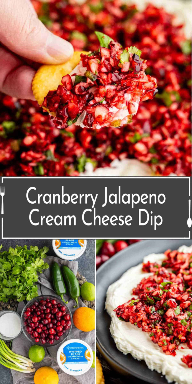 A hand holds a cracker topped with cranberry jalapeño cream cheese dip, next to images of the recipe ingredients and the assembled dip.