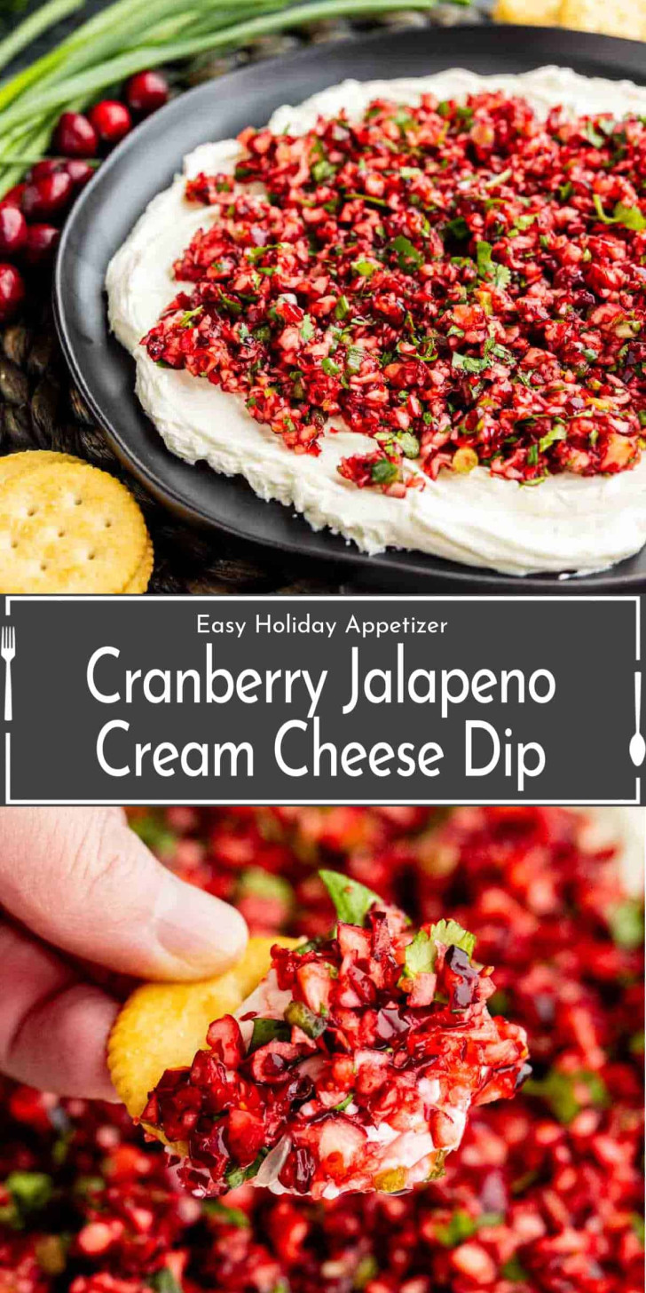 A plate of cranberry jalapeño cream cheese dip with crackers, and a close-up of a cracker topped with the dip.