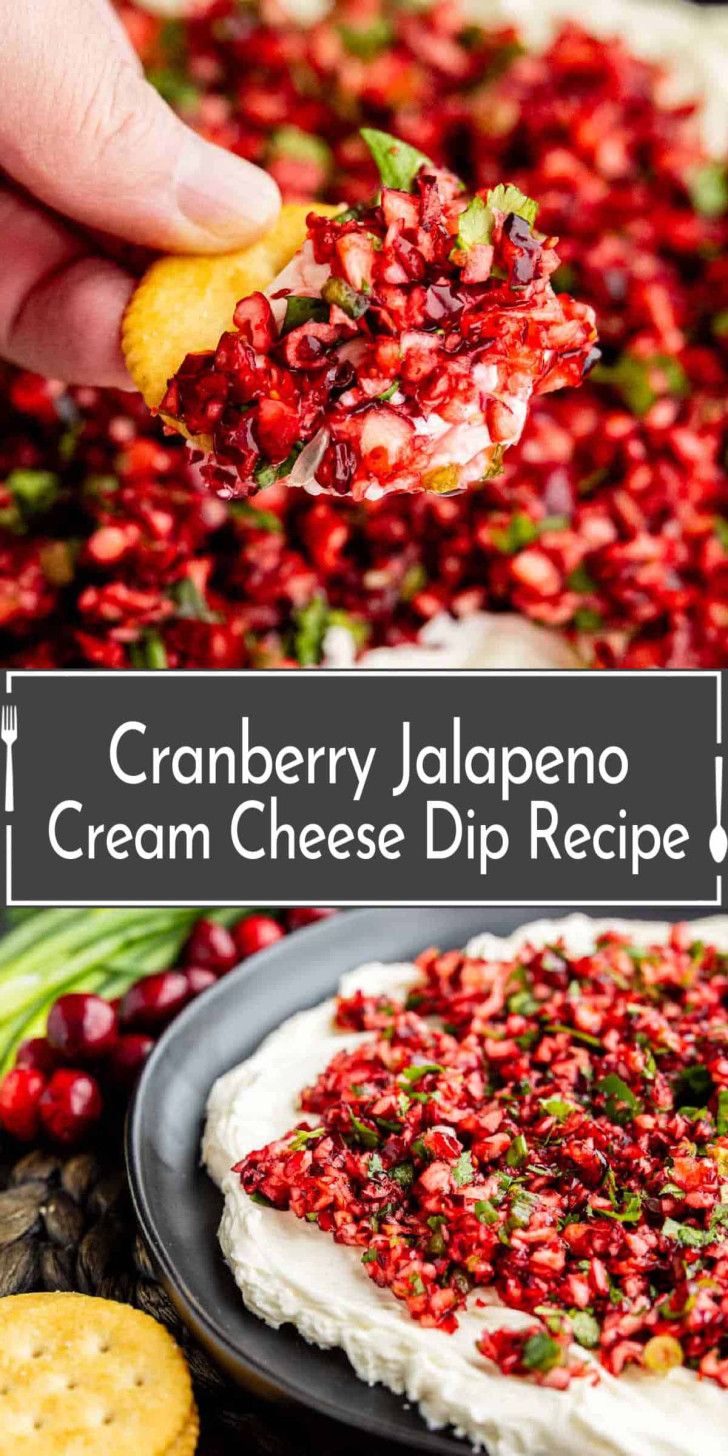 A cracker topped with cranberry jalapeño cream cheese dip, with a text overlay reading “Cranberry Jalapeno Cream Cheese Dip Recipe” above a plate of the spread.